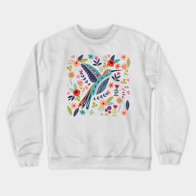 hand drawn bird colorful floral Crewneck Sweatshirt by Mako Design 